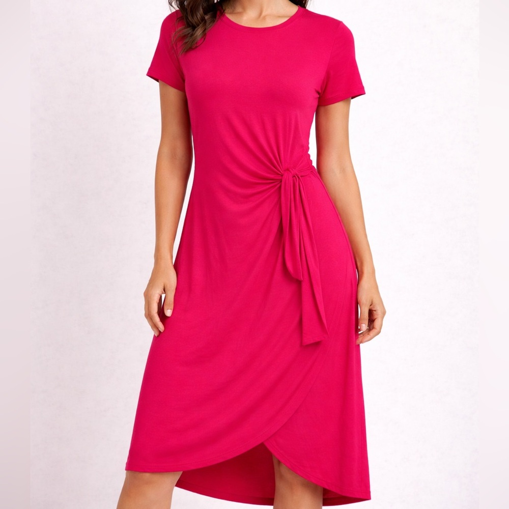 🆕 NWT Calvin Klein Tee Shirt Wrap Pink Tie-Front Dress Comfy Lightweight Casual